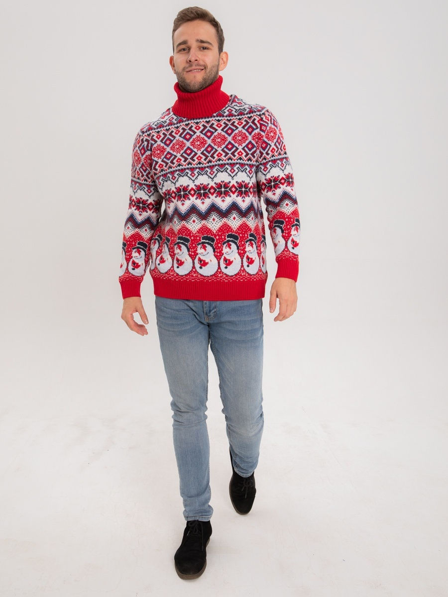 Мужской свитер красный со снеговиком 