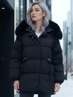 Куртка зимняя женская с мехом и капюшоном тренд черного цвета 7639Ch