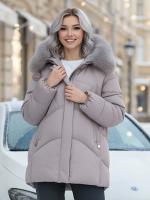 Куртка зимняя женская с мехом и капюшоном тренд светло-коричневого цвета 7656SK