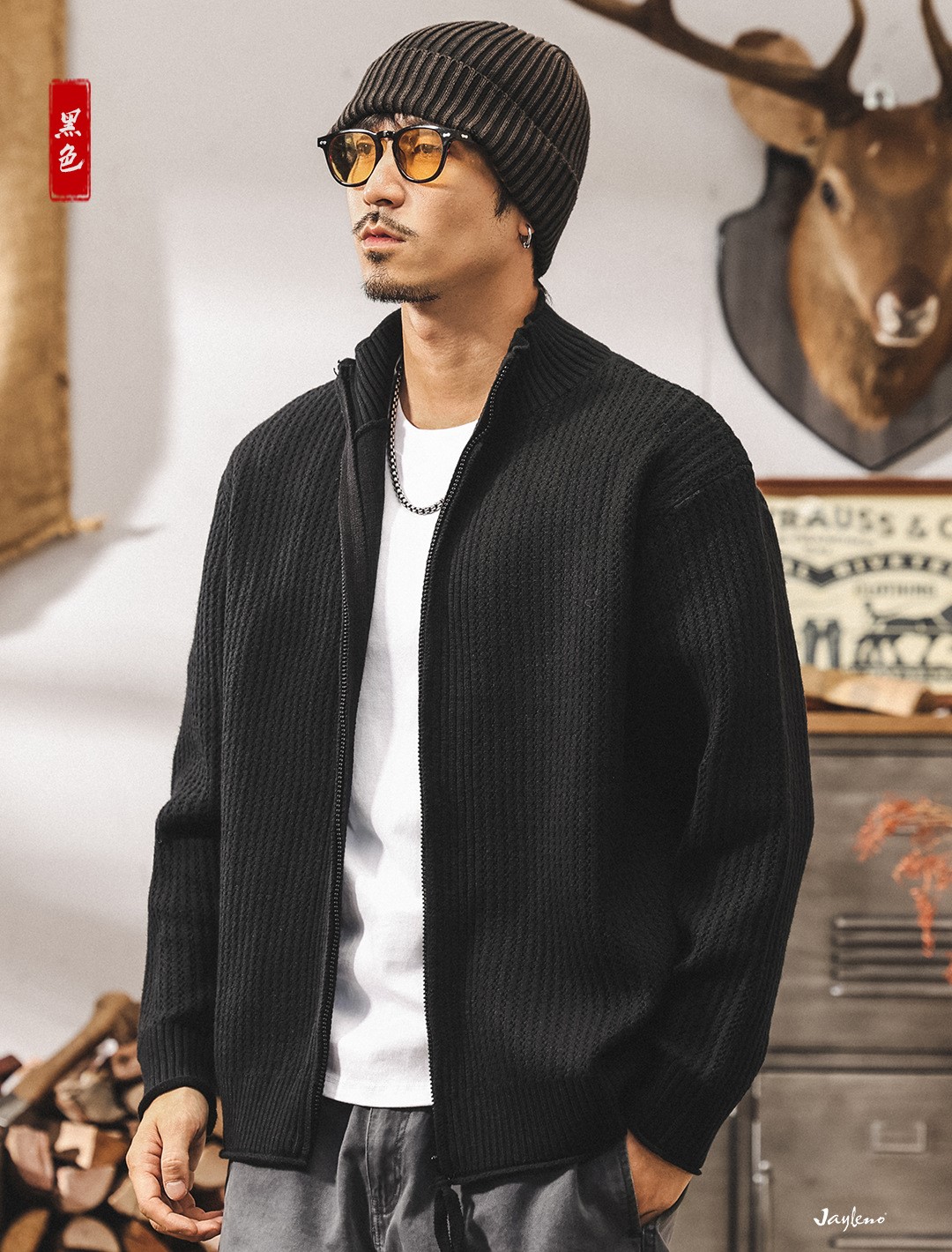 Американский ретро кардиган плотная вязка,для мужчин весной и осенью, новый стиль, трикотажная куртка с воротником-стойкой для мужчин осенью и зимой