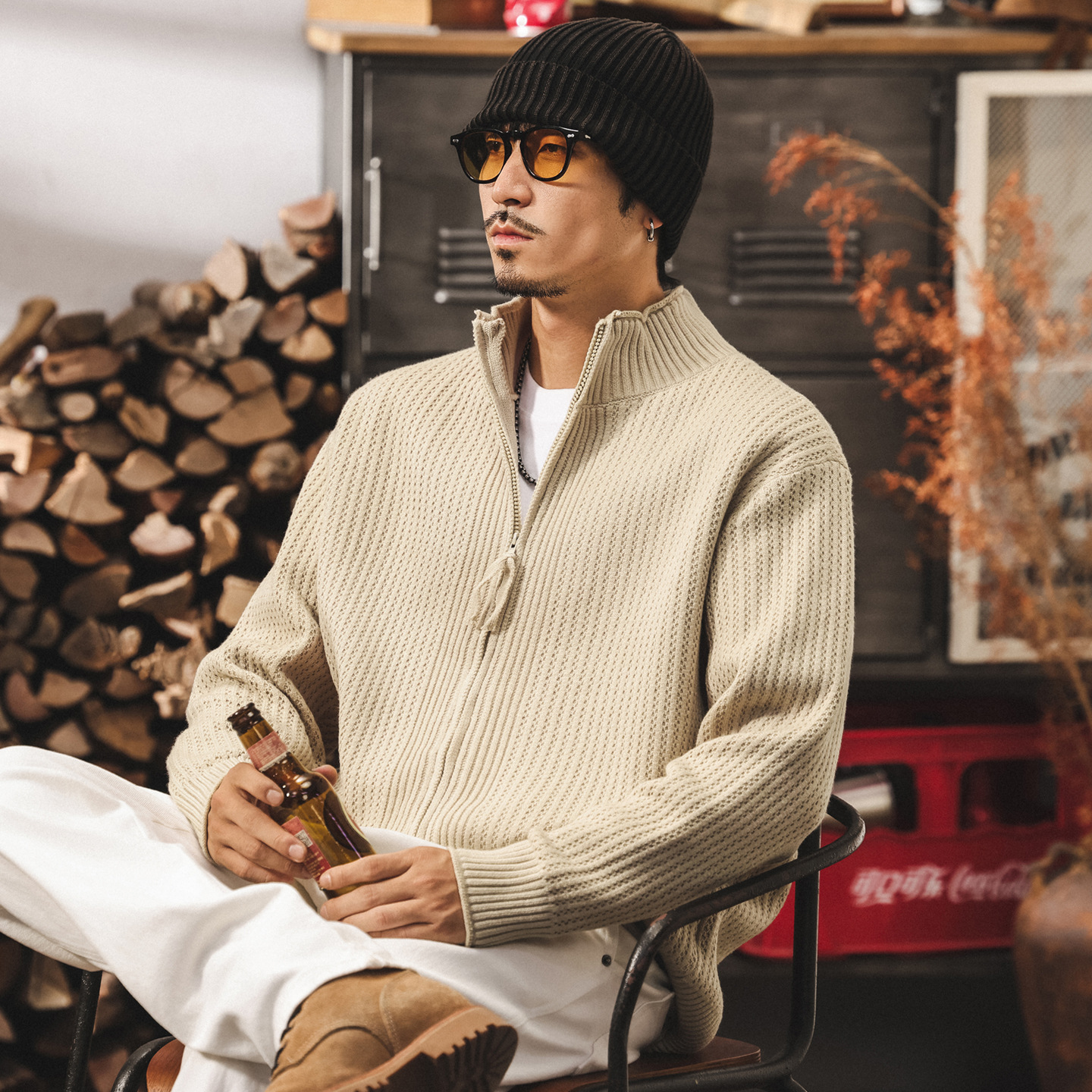 Американский ретро кардиган плотная вязка,для мужчин весной и осенью, новый стиль, трикотажная куртка с воротником-стойкой для мужчин осенью и зимой