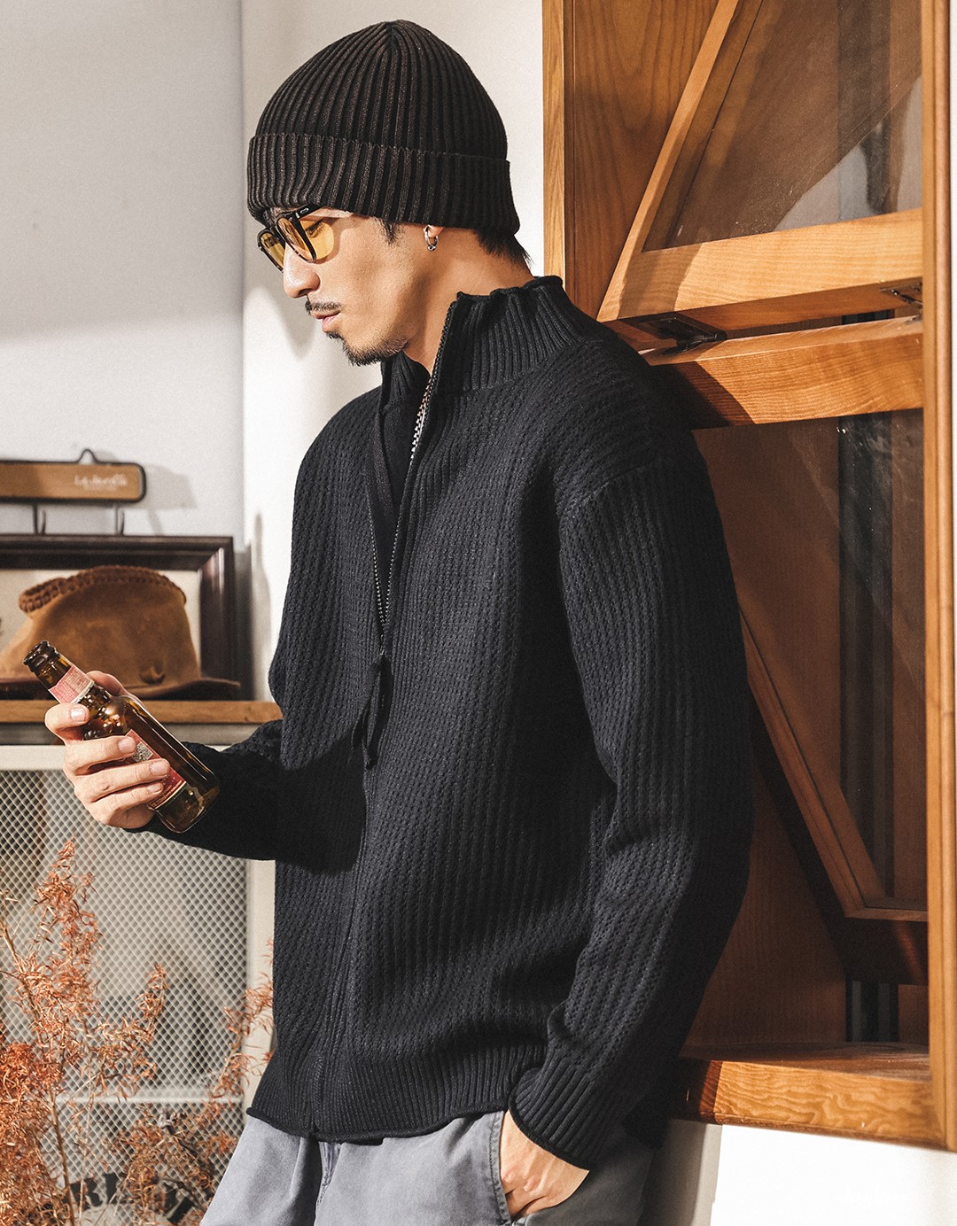 Американский ретро кардиган плотная вязка,для мужчин весной и осенью, новый стиль, трикотажная куртка с воротником-стойкой для мужчин осенью и зимой