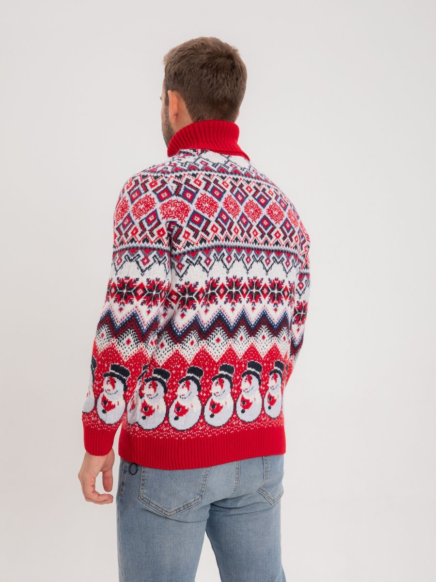 Мужской свитер красный со снеговиком 