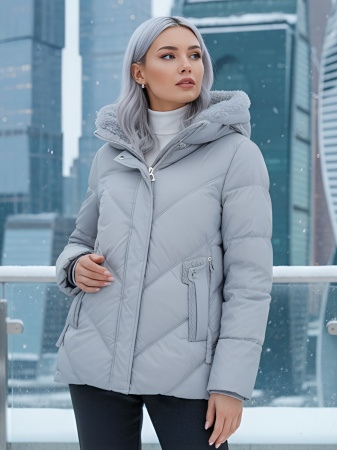 Куртка зимняя женская из овчина стильная и модная серого цвета 7348Sr