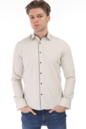 Мужская рубашка большого размера кремовая в мелкий серый горощек